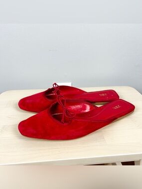 ZARA Red Genuine Suede Ballet Flat Slip On Mule Size 9/40 Bow Bold Parisian 90s